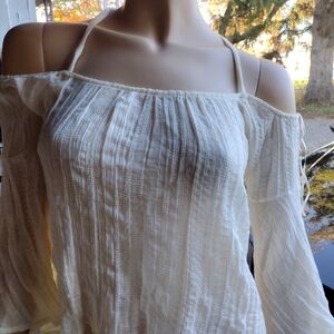 Chic Boho SHEER Off-Shoulder White Blouse With Wing Sleeves And Criss Cross Back
